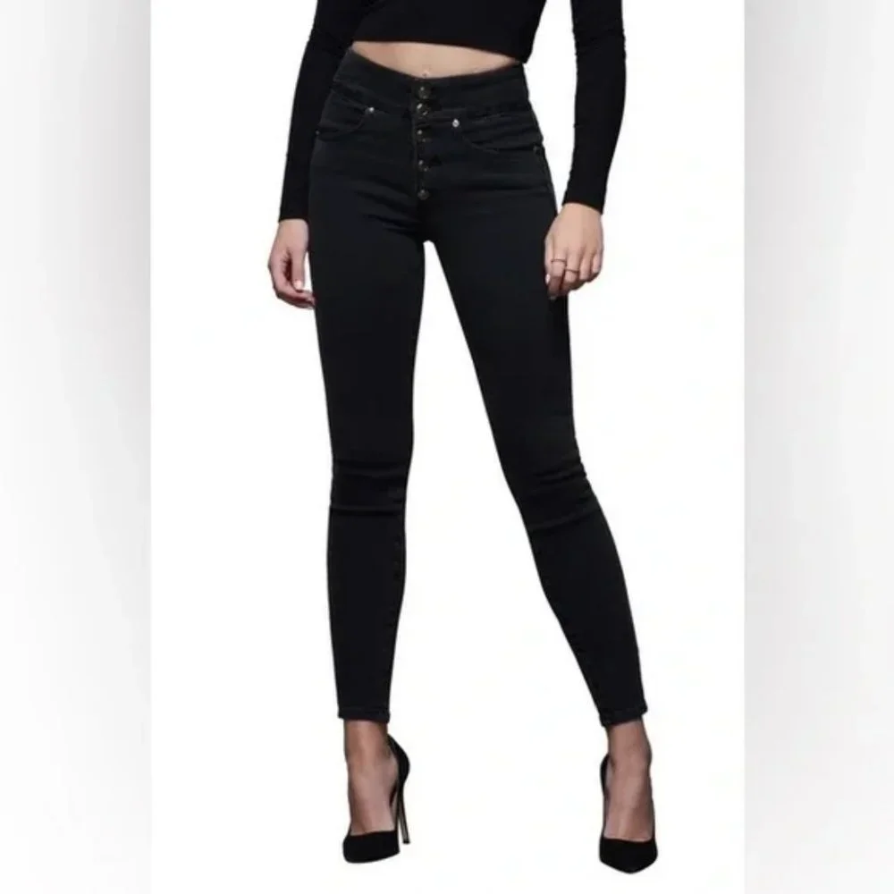 GOOD AMERICAN Skinny Jeans, Black Cotton High Rise Button Fly Pocket Casual 0/25 - Picture 1 of 16